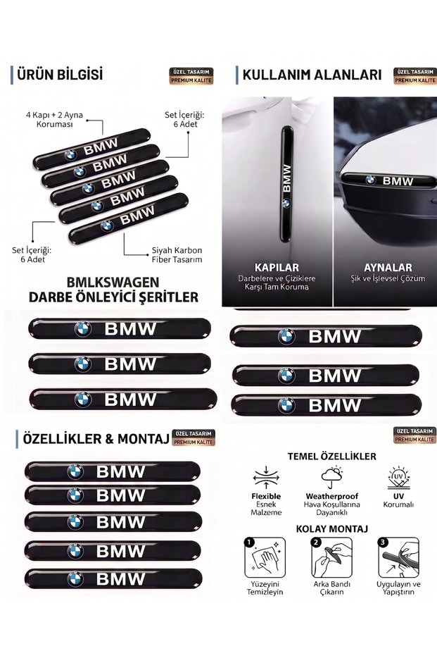 Bmw Compatible 6-Piece Door and Side Mirror Protection Strip - Premium Black Anti-Scratch Set