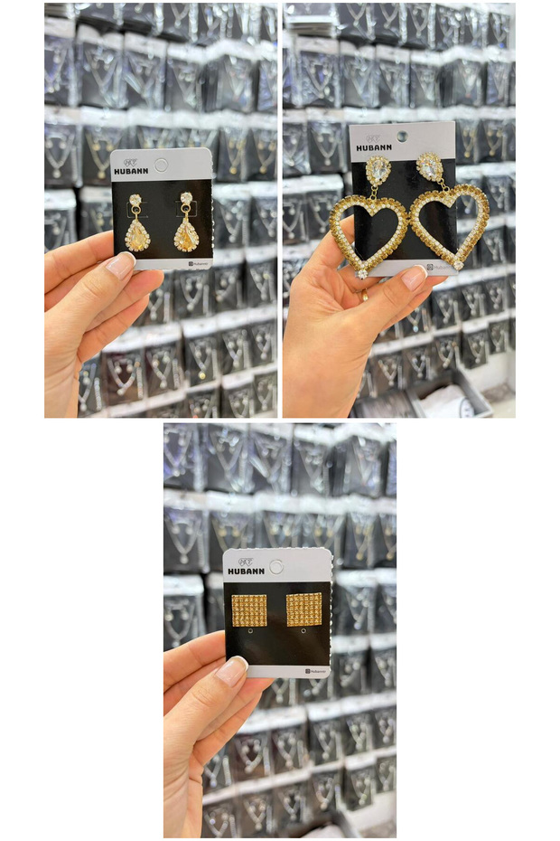 Gold Color Crystal Stone 3 Pairs Women's Earring Set Heart Drop and Square Model