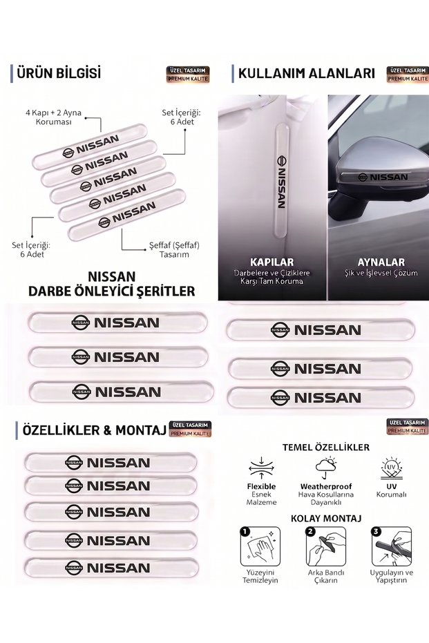 Nissan Compatible 6-Piece Door and Side Mirror Protection Strip - Premium Black Anti-Scratch Set
