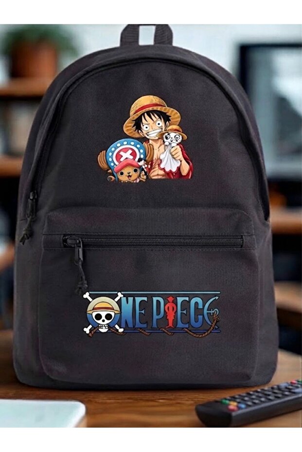 حقيبة ظهر سوداء للجنسين مطبوعة بتصميم ONE PIECE للمدرسة والدروس والبرامج التعليمية