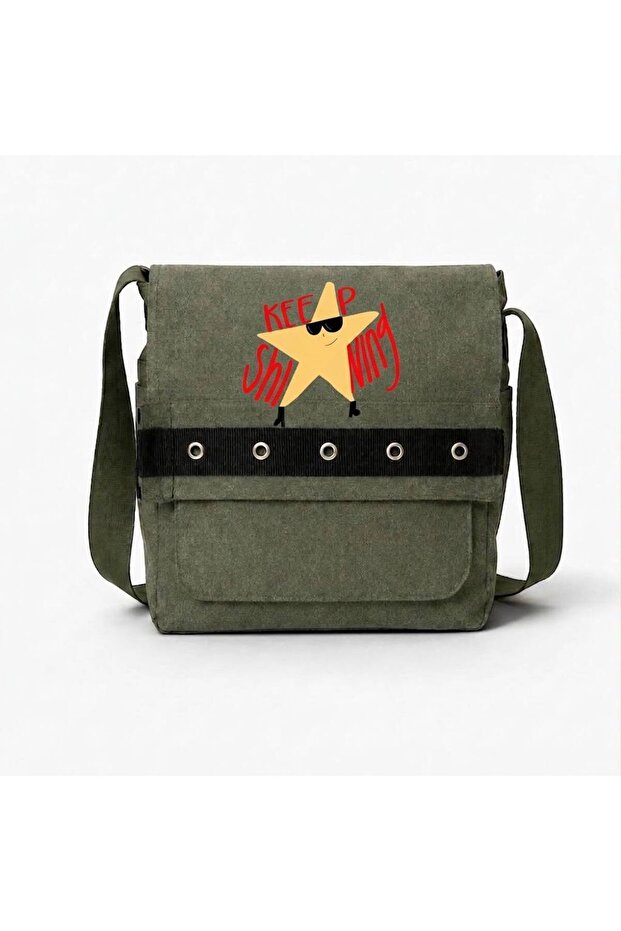 Khaki Keep Shining Printed Round Eyelet Messenger Bag