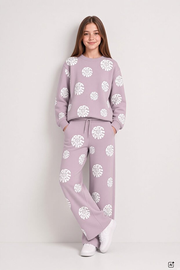 Gül Kurusu Girl's Embossed Print Raised Print Crew Neck Wide Leg Tracksuit Set 24786
