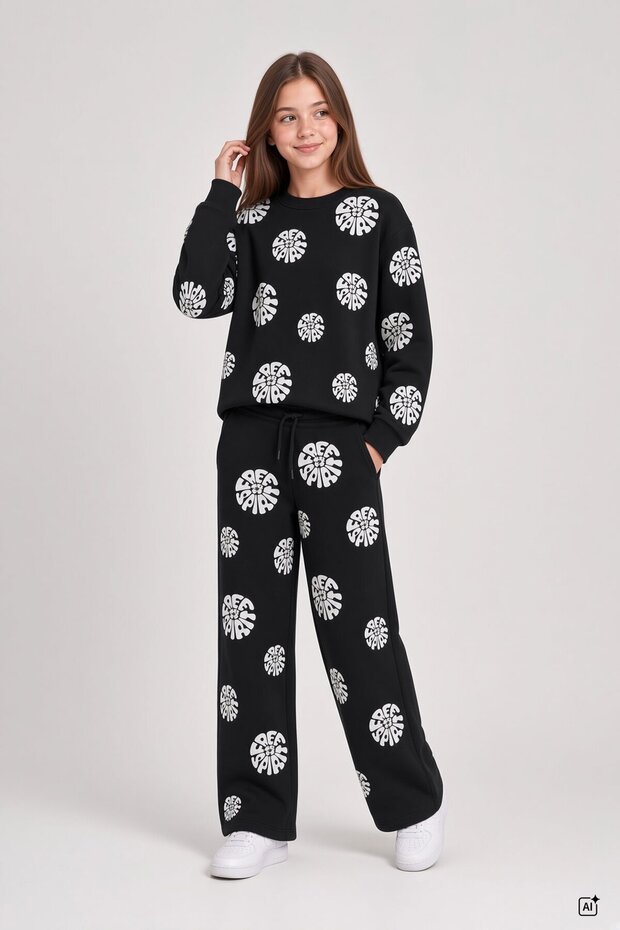 Black Girls' Embossed Print Raised Print Crew Neck Wide Leg Tracksuit Set 24783