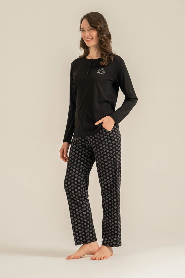 Women's Pajama Set, Combed Modal, 50% Cotton 50% Modal, Buttoned Collar, Pockets, Snowflake Print