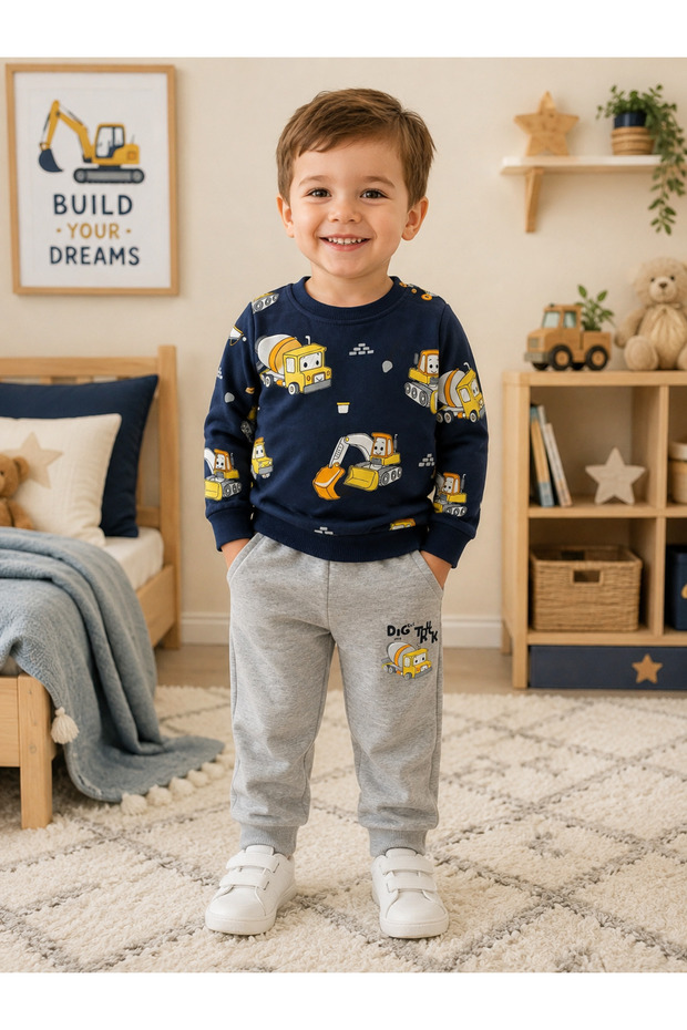 Car Printed Boys' Navy Blue Seasonal 2-Piece Set 1-4 Years Old