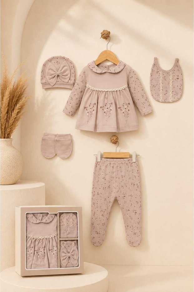 Baby Girl Set of 5 Newborn Hospital Release 100% Cotton Dress with Floral Detail Stylish Gift Set-Boxed