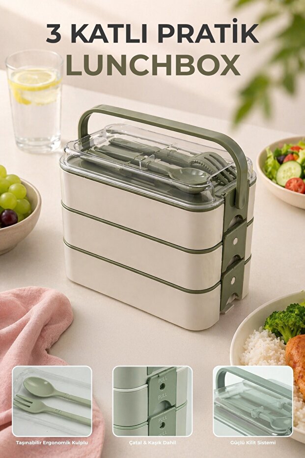 3-tiered compartment lunchbox - lockable - with carrying handle - includes spoon & fork g-770