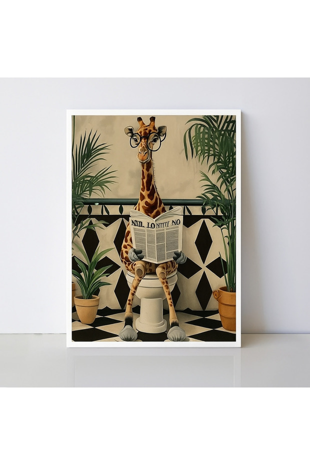 Natural Wooden Framed Funny Giraffe Wall Decor Bathroom Toilet Decorative Painting