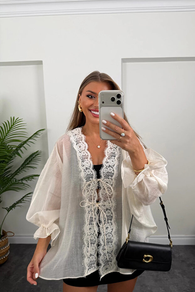 Women's Lace Detailed Tie-Up Oversize Blouse