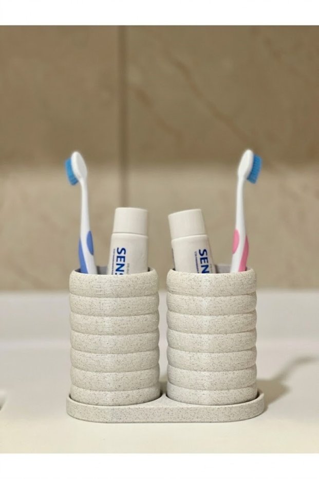 Modern Bathroom Organizer V2 - Toothbrush Holder Set - Set of Two - Light Marble White - 10cm