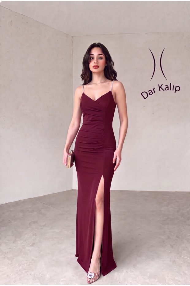 Scuba Fabric Strap Stone Detail Thin Strap Slit Evening Dress Red