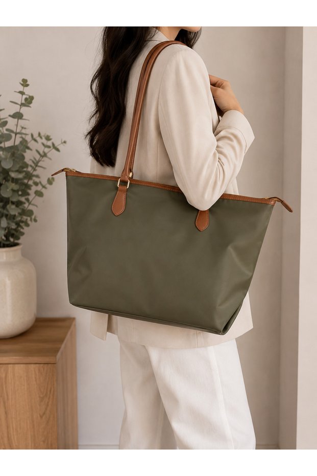 Women's Khaki Large Shoulder Bag with Zipper, Faux Leather Tote Bag – Large Capacity, Suitable for Daily, Work, and Office Use, Laptop and Tablet Bag