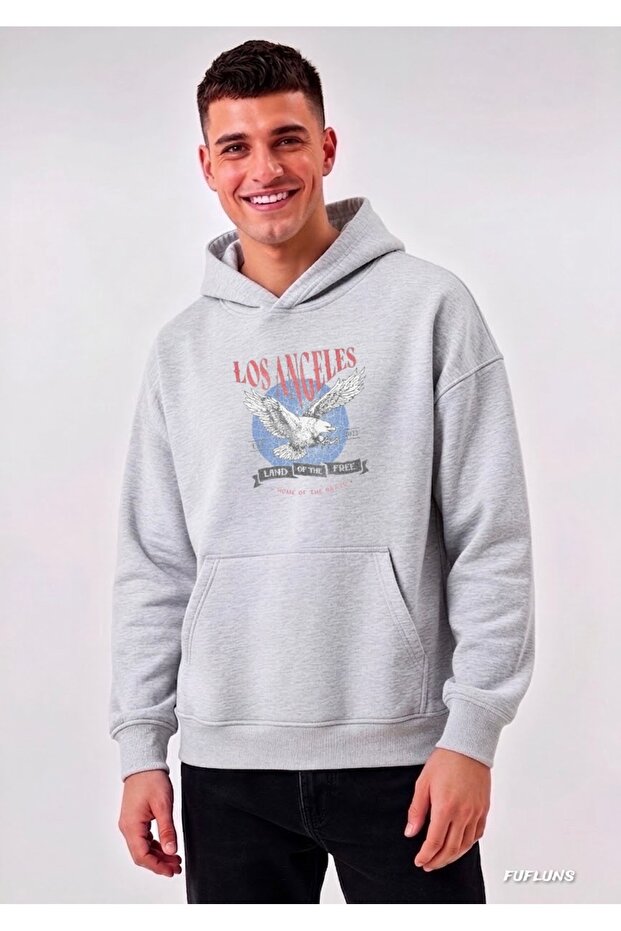 Los Angeles Eagle Printed Oversized Men's Hooded Sweatshirt