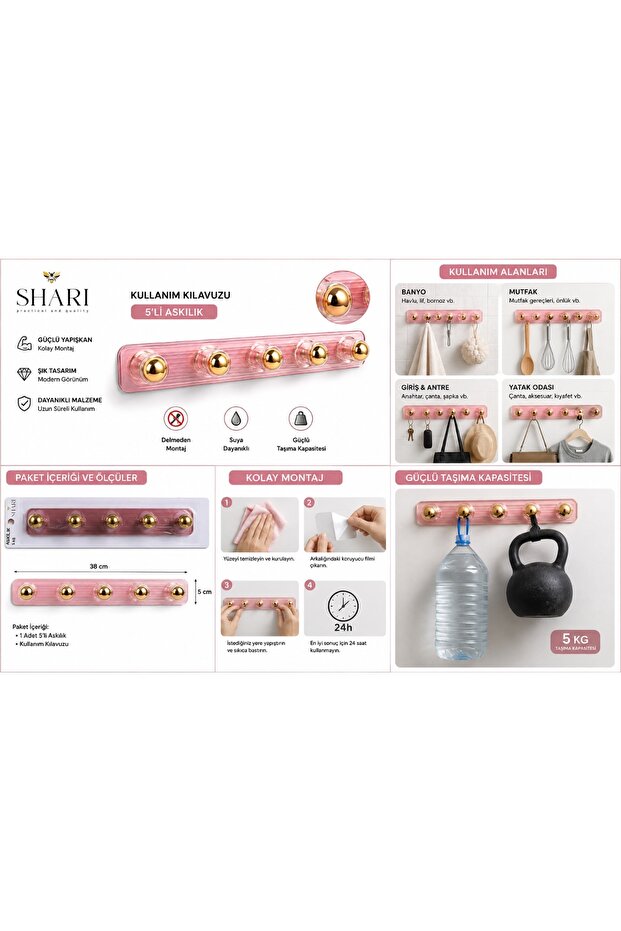 5-Piece Adhesive Hanger Pink Gold – Wall-Mounted Strong Adhesive Bathroom Kitchen Door Hanger Without Drilling