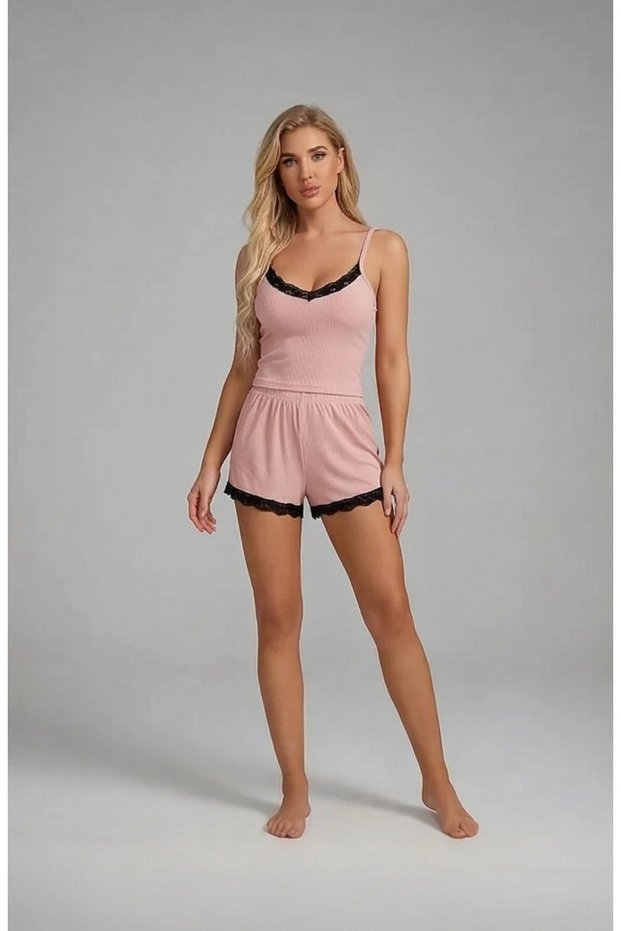 Women's Pink Nightgown Set with Lace Detailing on the Top and Bottom and Shorts – Comfortable and Suitable for Casual Combinations