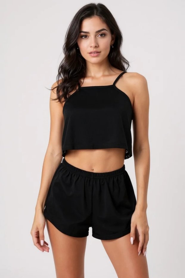 Women's Black Nightgown Set with Full Lace Back and Shorts