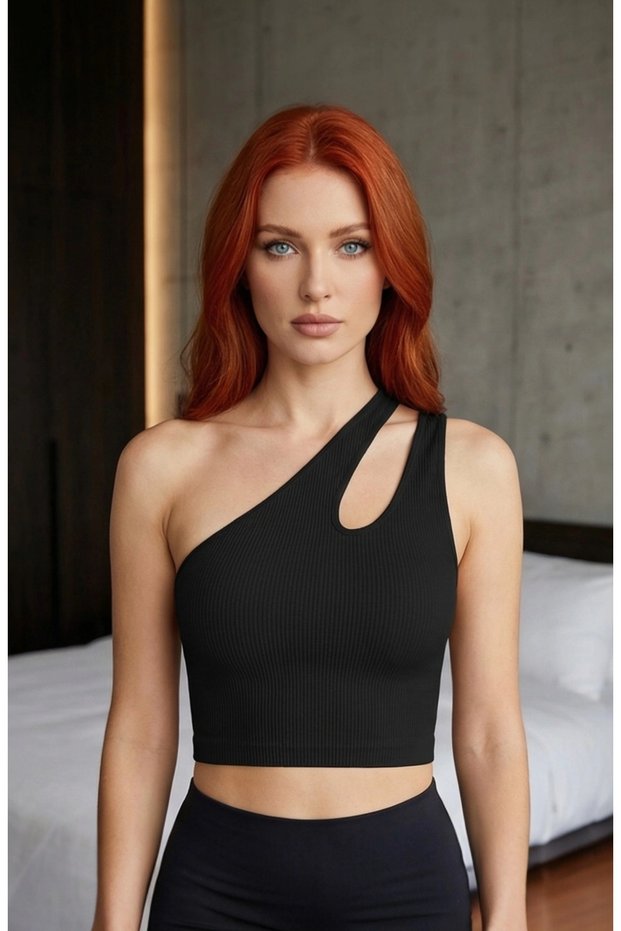 Women's Black One Shoulder Cut Out Detailed Crop Top Blouse – Stylish, Comfortable, and Easy to Combine