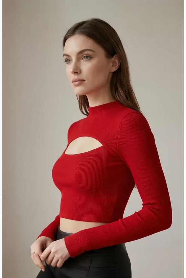 Women's Red Chest Cut-Out Long Sleeve Cut Out Crop Top Blouse – Stylish, Comfortable, and Easy to Match