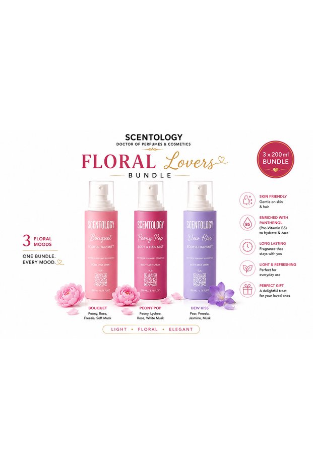 Floral Lovers Body & Hair Mist Collection – 3 x 200ml Set – Bouquet, Peony Pop & Dew Kiss