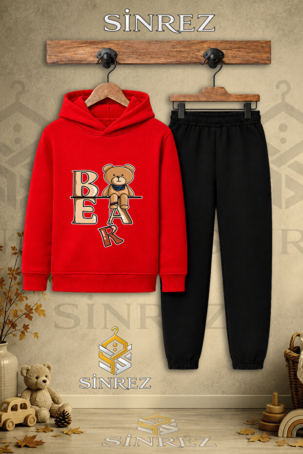 Children's Unisex Single Bear Printed Hooded Tracksuit Set