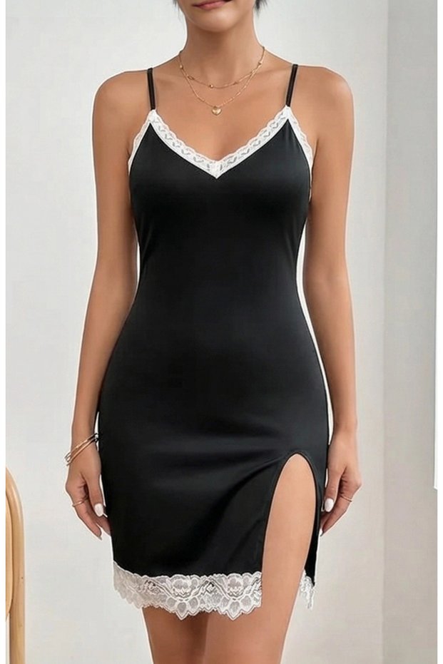 Women's Black Strap Slit White Lace Nightgown – and Stylish Design