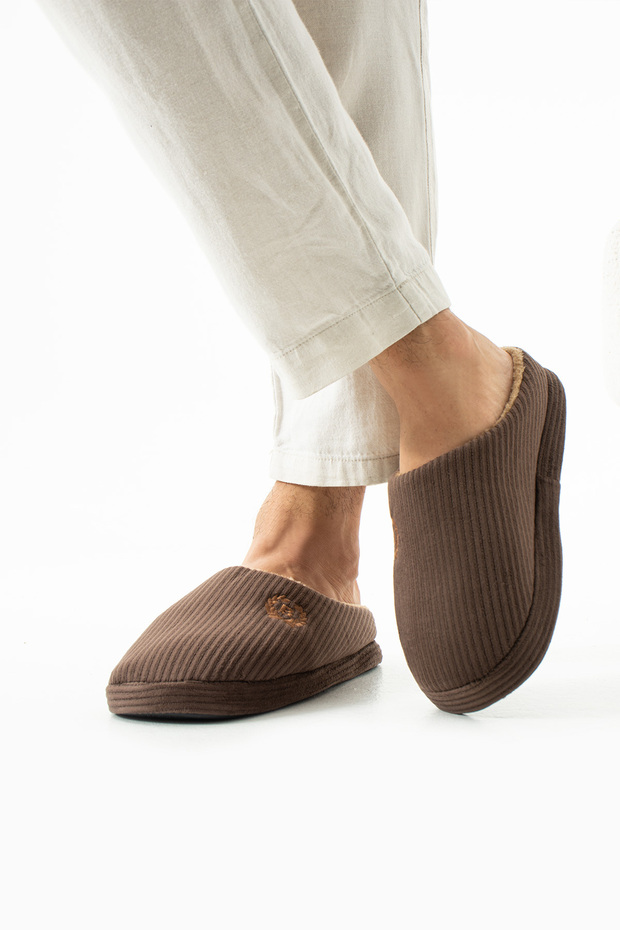 Unisex Brown Embroidered Velvet House Slippers Men's House Slippers