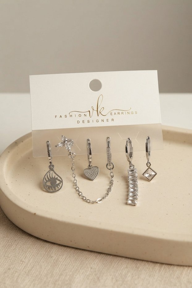 Silver Color Brass Baguette Zircon Stone Detailed 6-Piece Earring Combination Set - Ebj260829W46527