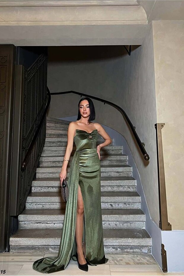 Velvet Fabric Strapless Slit Maxi Evening Dress