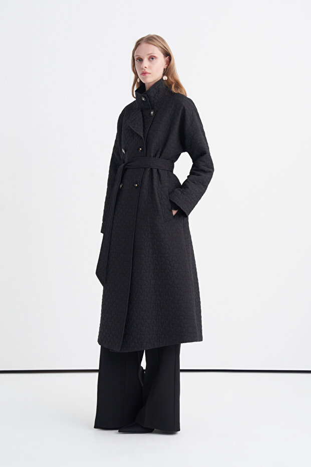 Belted Double-Breasted Long Black Giy Çık 14127