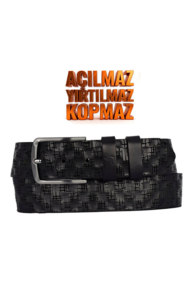 100% Genuine Leather, 4.2 cm Black Patterned Non-Foldable Denim Belt, Linen Belt 4Cm-Apo