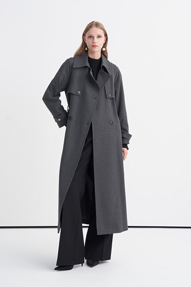 Wide Collar Cashmere Gray Coat with Buckle Belt 14139