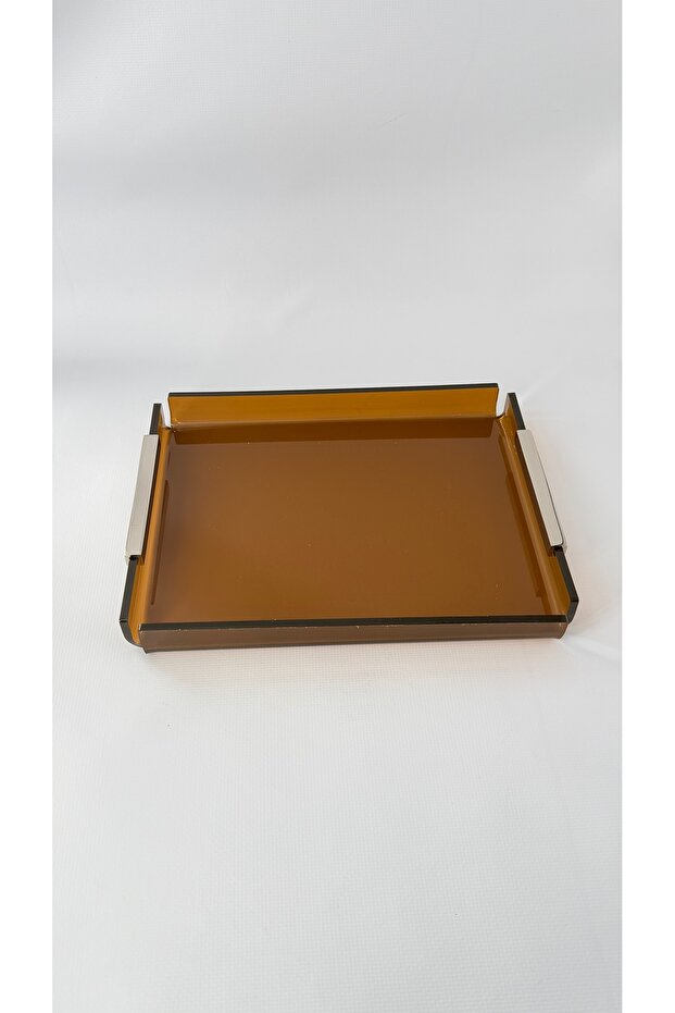 Brass Flat Handle Transparent Brown Plexiglass Coffee Presentation Tray Silver Handle