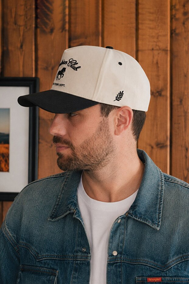 Equestrian Club Embroidered Unisex Premium Hat – Ecru/Black Adjustable Trucker Cap