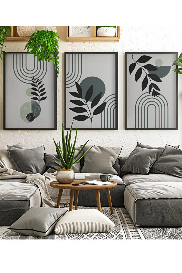 Natural Wood Framed 3-Piece Botanical Abstract Modern Leaf Pattern Decorative Wall Decor Painting Set for Living Room Living Bedroom Kitchen