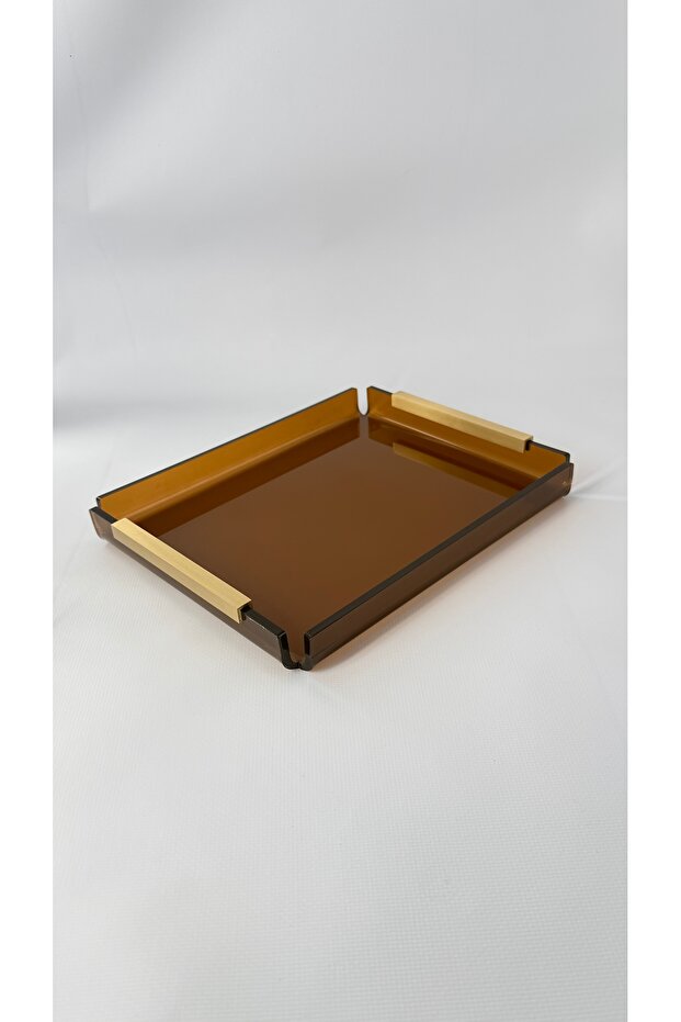 Brass Flat Handle Transparent Brown Coffee Presentation Tray Gold Handle