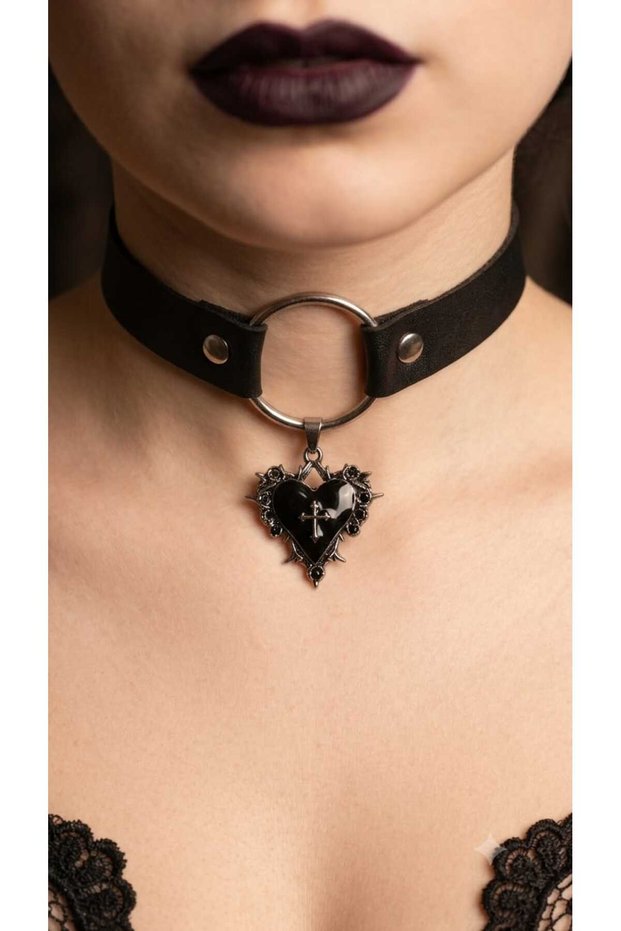 Gothic Black Leather Ring End Black Heart and Cross Detailed 4-Stage Adjustable Choker Necklace
