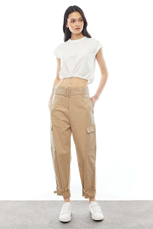 Women's Belted Pants with Buckle and Side Pockets Pt9112