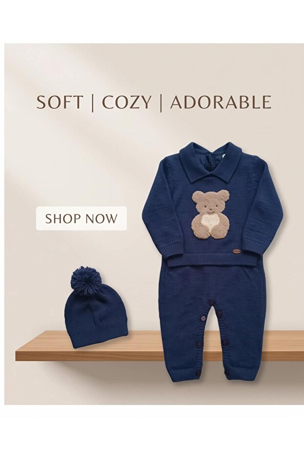 100% Knitwear Baby Boy Bear Jumpsuit