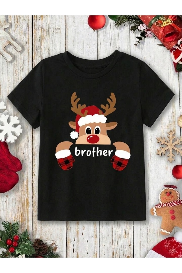 Christmas Themed Red-Nosed Reindeer Printed Black Family Matching T-Shirt - Christmas Gift for Mom Dad Kids T-Shirt