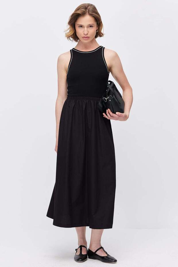 Women's Contrast Striped Ribbed Top Midi Dress