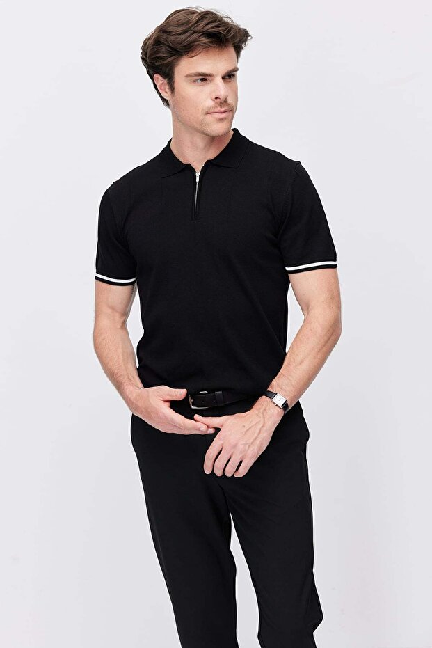 Men's Zipper Collar Stripe Detailed Knitwear T-Shirt