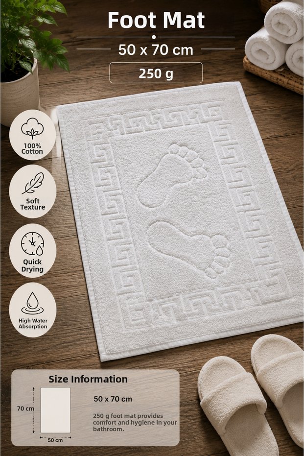 100% Cotton Foot Towel Mat 50X70 cm 250 Gr Footprint Patterned High Absorbent Bathroom Towel Mat