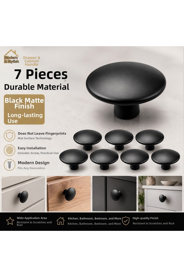 Metal Matte Black Button Furniture Handle 7 Pieces Cabinet, Drawer, Kitchen and Wardrobe Handle