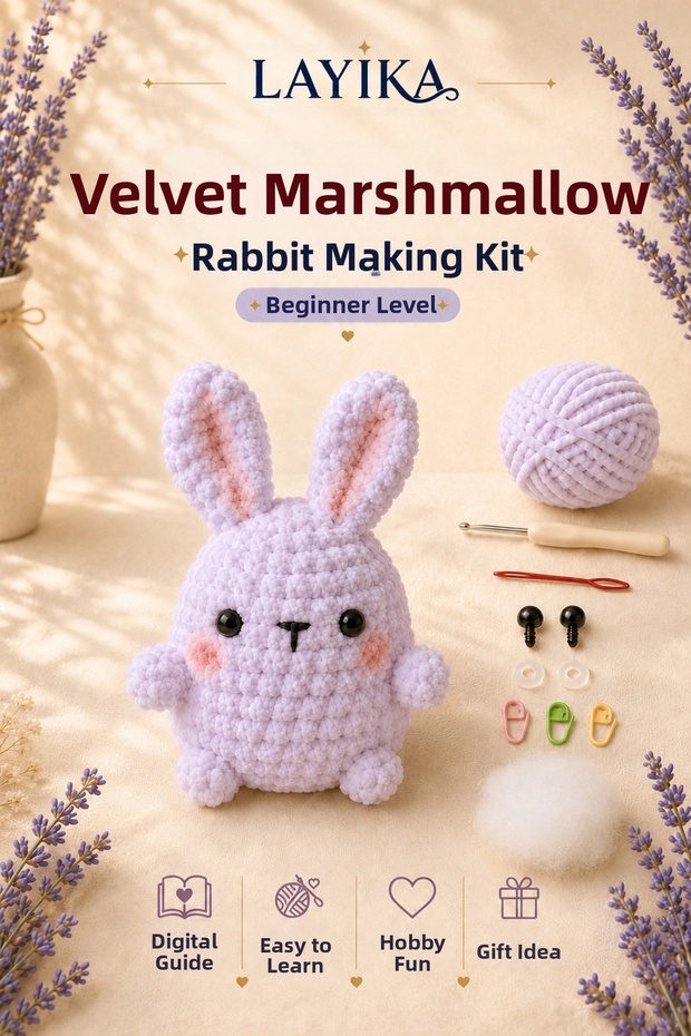 Velvet Marshmallow Rabbit Knitting Kit – Amigurumi Making Set with Video Guide M03