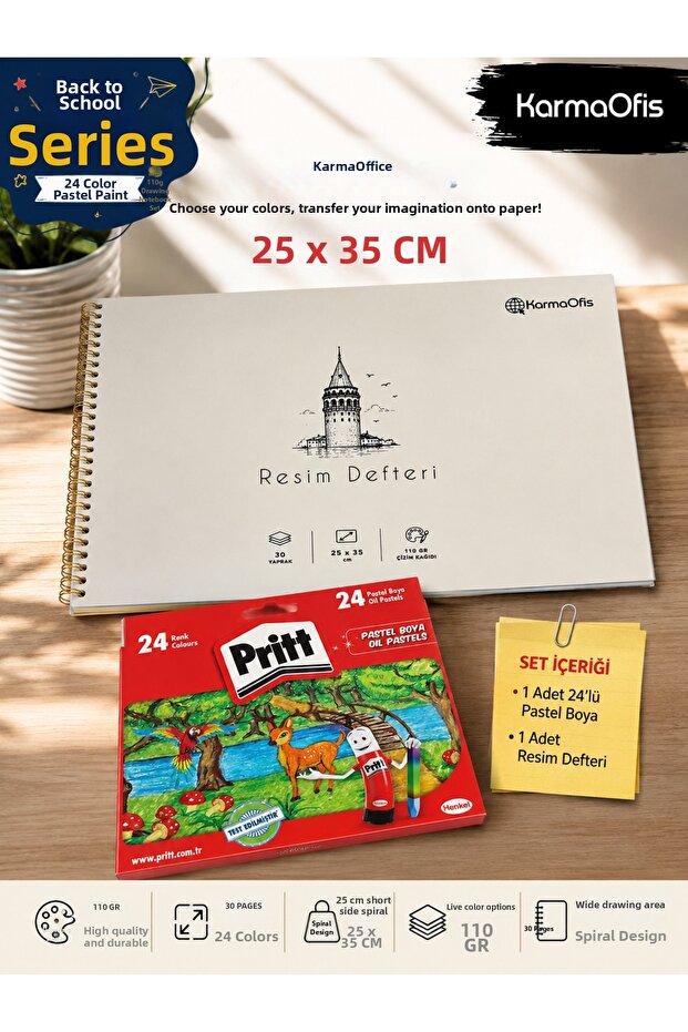 24 Color Crayons and 25X35 cm 110 Gr Spiral Drawing Notebook Set – 1 Notebook Optional