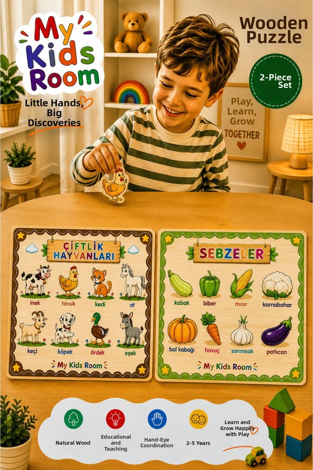 2-Piece Wooden Puzzle Set Educational Learning Find & Match Puzzle Farm Animals & Vegetables