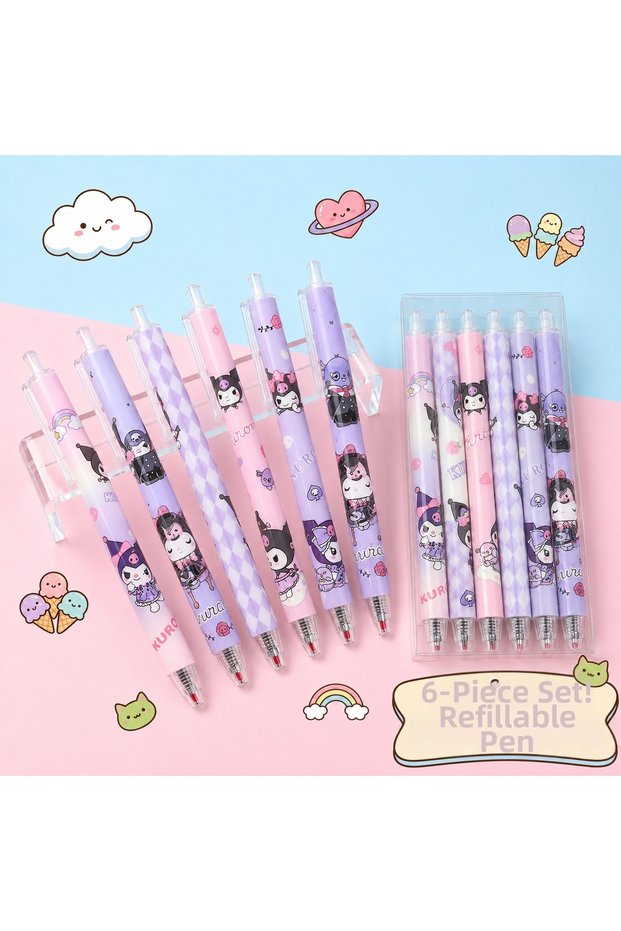 6-Piece Kawaii Cute Cat Kuromiii Patterned Ballpoint Pen Set Pressable Cute Pen School Stationery Office Business Gel Ballpoint Pen
