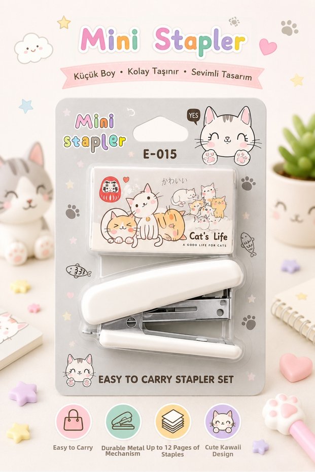 Kawaii Cat’S Life Cat Paw Patterned Gray Stapler Set Portable Stationery Stapler with Metal Mechanism