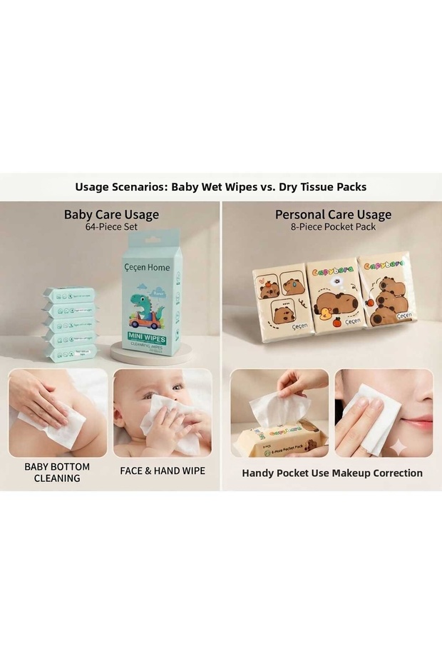 96 Pocket Napkins + 64 Dinosaur Patterned Mini Wet Wipes Set, Baby and Personal Care Cleaning Wipes