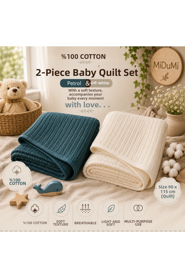 Baby, 100% Cotton, 2-Piece Pique Set, 90X115 Cm, Petrol Green & Ecru